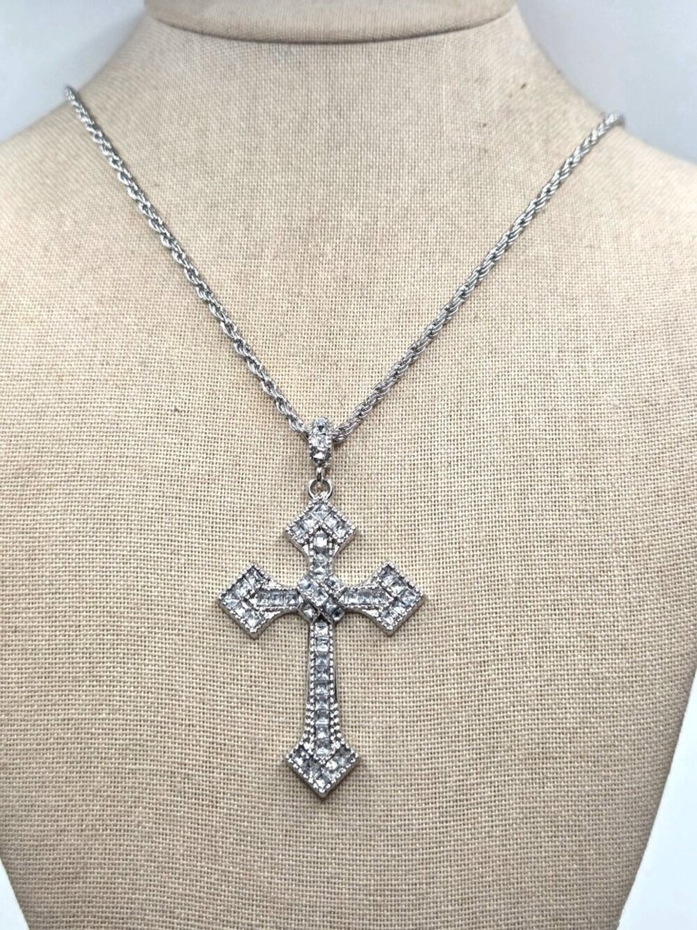 Silver-Tone Cross Necklace With Rhinestones & Rope Chain